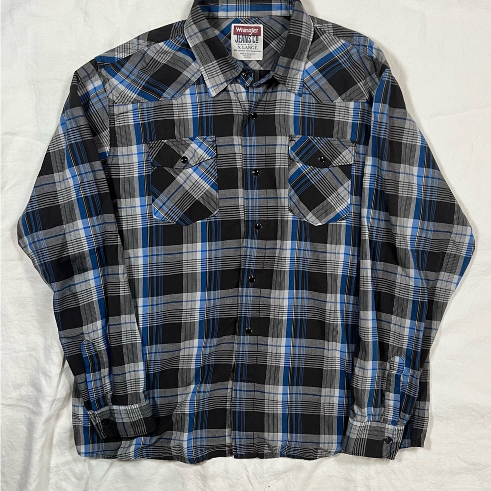 Wrangler Jeans Co Plaid Western Snap Shirt Blue Black Men’s XL